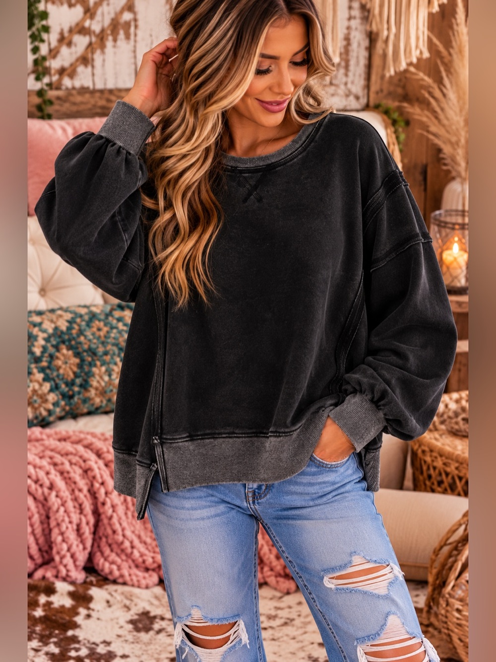 Black raw stitch mineral wash western bohemian embroidered hoodie sweatshirt